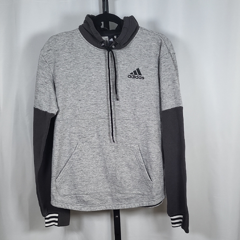 Adidas Gray‎ Black Three Stripes Logo Heather Fleece Lined Hoodie - SZ S
